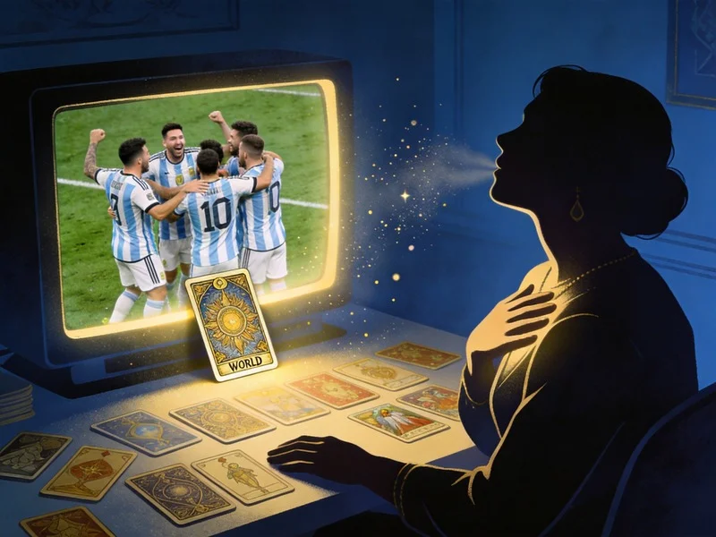 A relieved tarot reader watches Argentina's victory on TV, with the World card on the table, as the stone in the heart finally drops.
