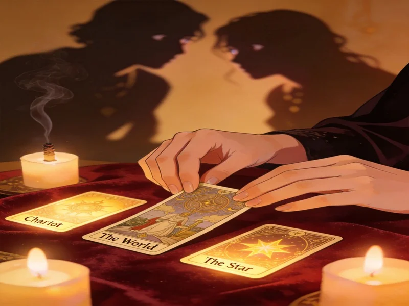 Hands reveal the World card next to the Chariot and Star, as two figures witness the cards that foretold Argentina's destiny.