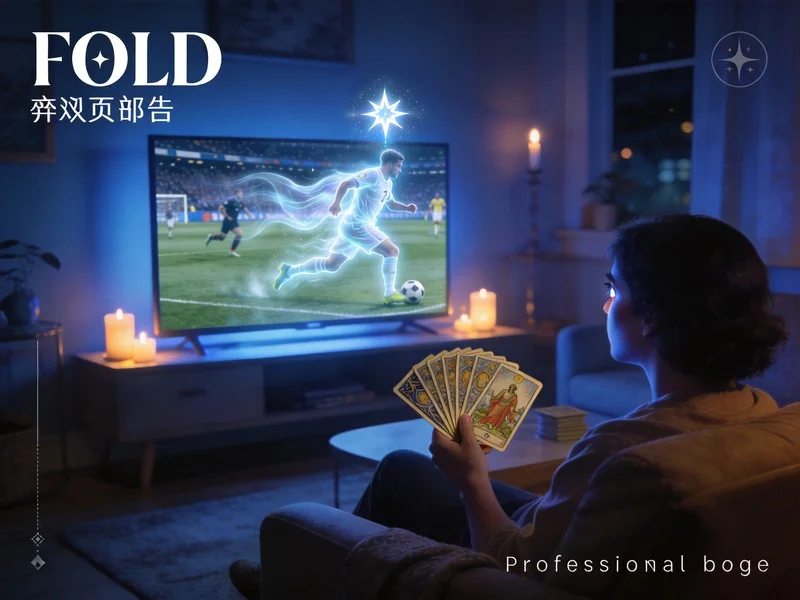 A fan watches soccer while tarot cards in hand, as the TV displays mystical overlays of the Chariot and Star, reading the game's energy.