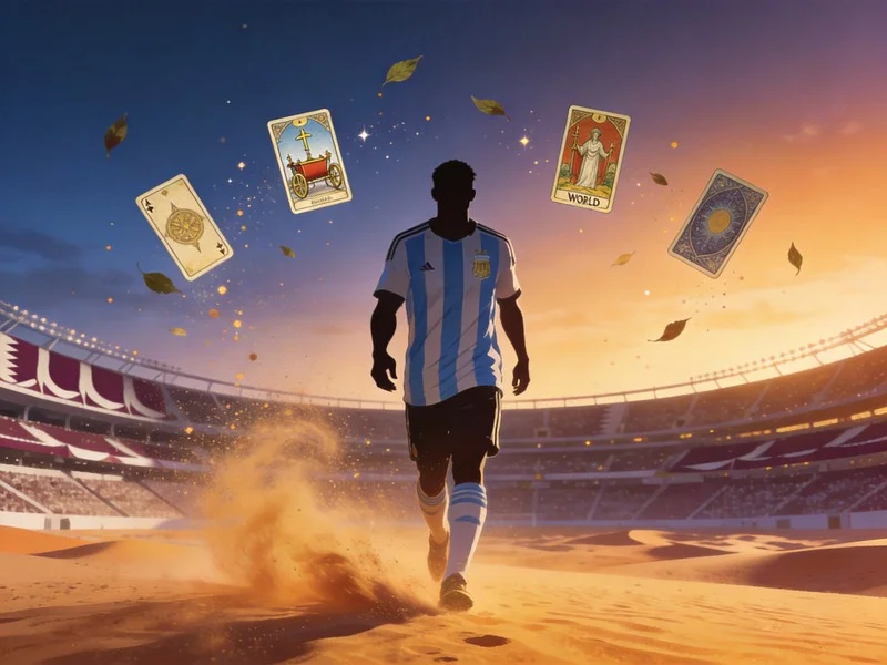 An Argentine player walks through a swirling desert stadium as tarot cards, including the Chariot, fly in the wind, signaling a change in fortune.