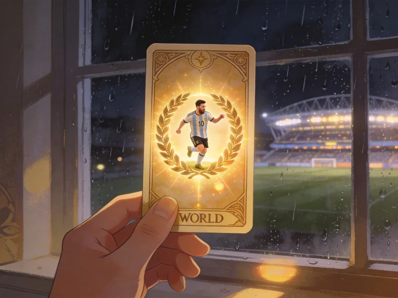 The World card shows Messi in the wreath as a stadium glows beyond a rainy window, capturing rising hope for a World Cup destiny.