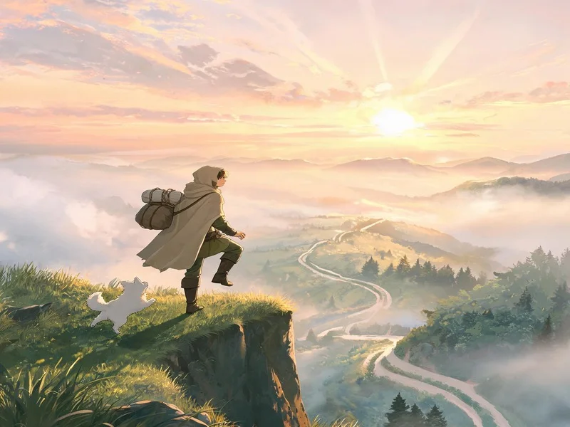 The Fool stepping off a cliff at sunrise with bindle and dog