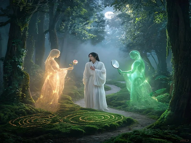 The Fool at a crossroads between two luminous guides in a forest