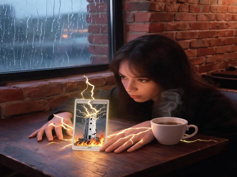 Woman contemplating a Tower card in a cozy coffee shop
