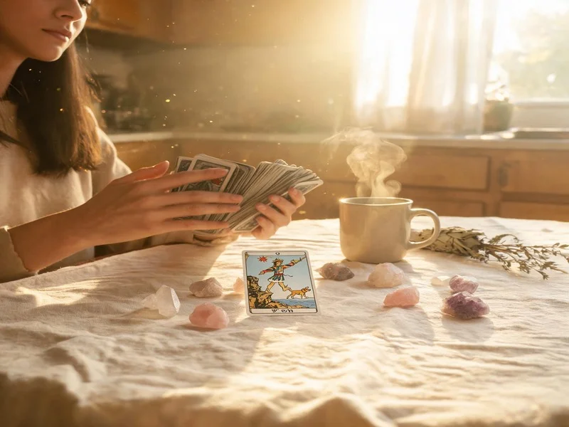 Daily Fool card draw on a sunlit kitchen table with tea and crystals