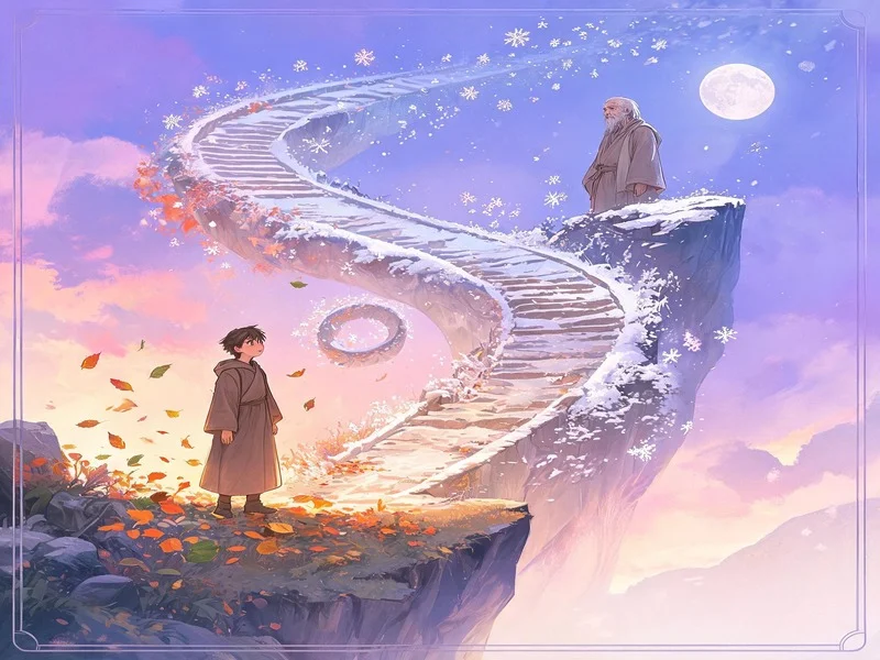 The same pilgrim at two stages on a spiral path toward a cliff