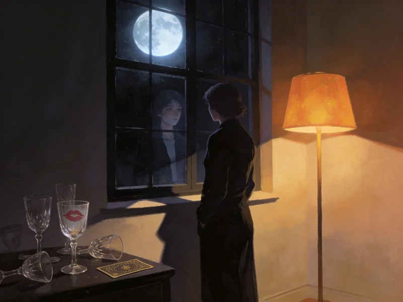 A person gazes at their reflection in a dark window after a party, with empty cups and smeared lipstick, illuminated by harsh moonlight.