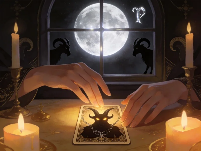 Hands reveal a Devil tarot card under a full moon, symbolizing ambition and self-audit.