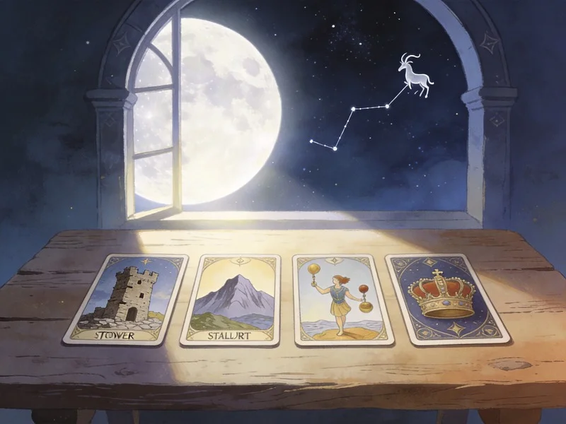 A four-card tarot spread on a table, lit by a full moon, symbolizing a Capricorn audit of structures.