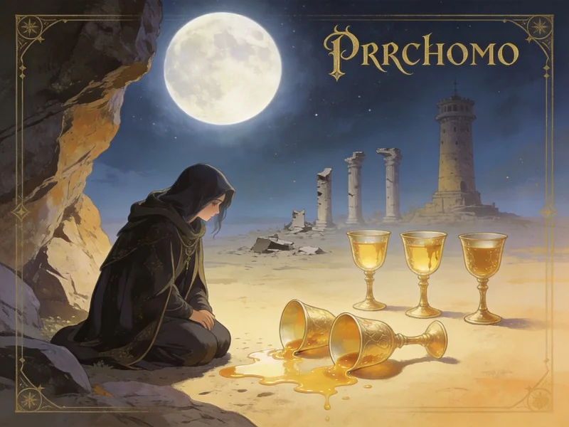 A figure mourns spilled cups from the Five of Cups tarot card, ignoring full cups behind, under a full moon.