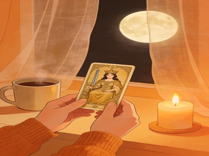 A person holds a single tarot card in a cozy setting, symbolizing a simple boundary-setting ritual with the full moon.