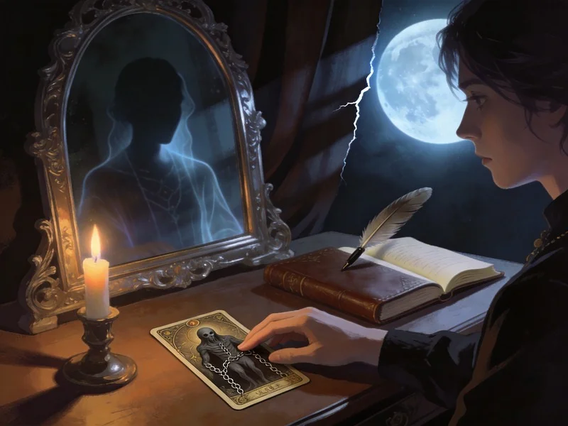 A person confronts a troubling tarot card, with their shadow self reflected in a mirror, symbolizing shadow work under the full moon.