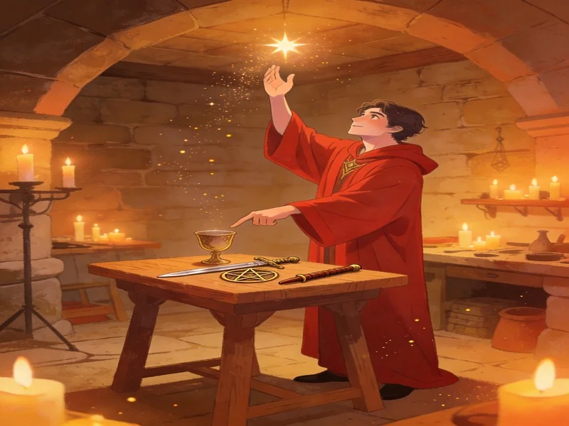 Magician reaching toward a star while pointing at tools on a table.