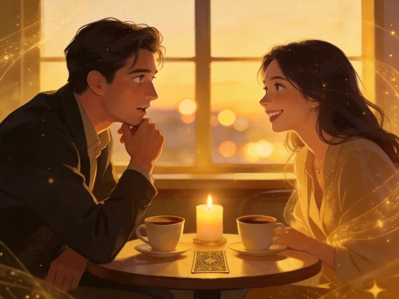 Intimate café scene with a magnetic person leaning toward a smiling companion.