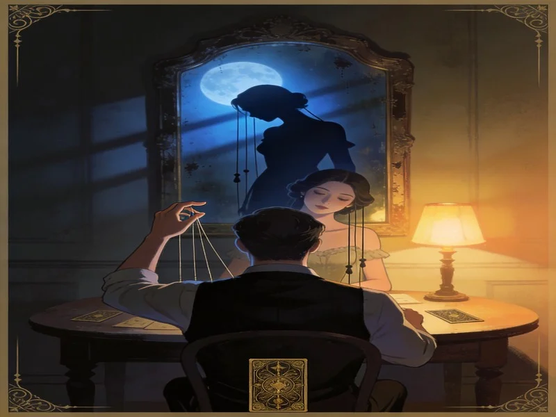 Man manipulating a marionette-like reflection of a woman in a mirror.