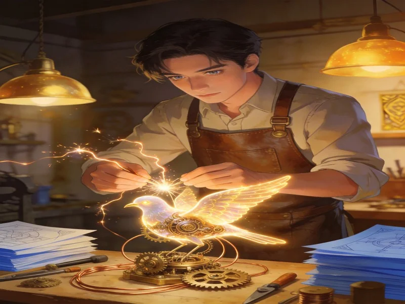 Craftsman building a glowing mechanical bird at a workshop bench.