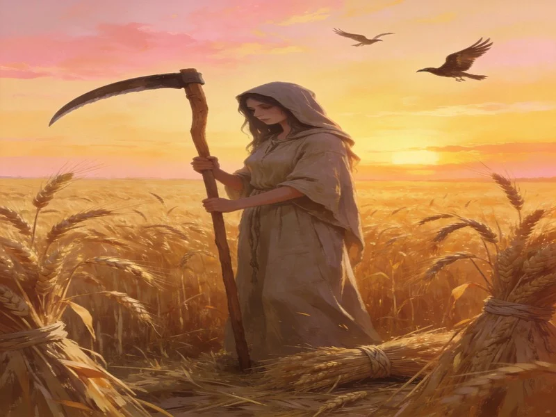 Reaper standing before the first cut in a golden wheat field at sunset.