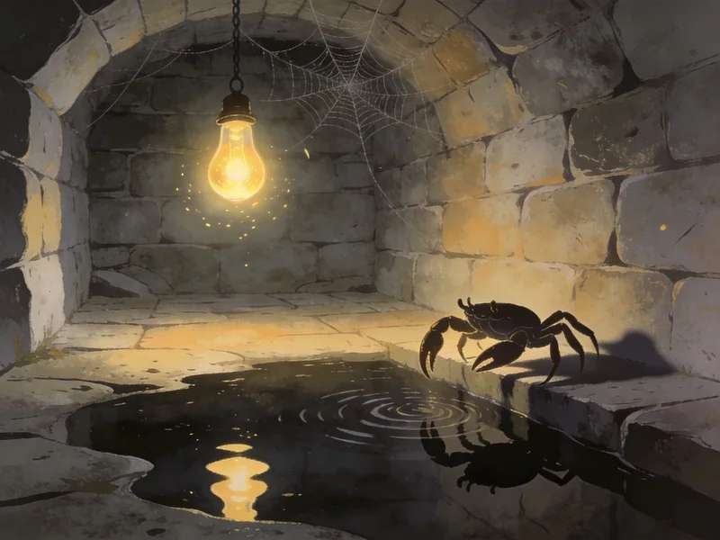 A flickering lightbulb over a dark flooded cellar with a crab casting ripples.
