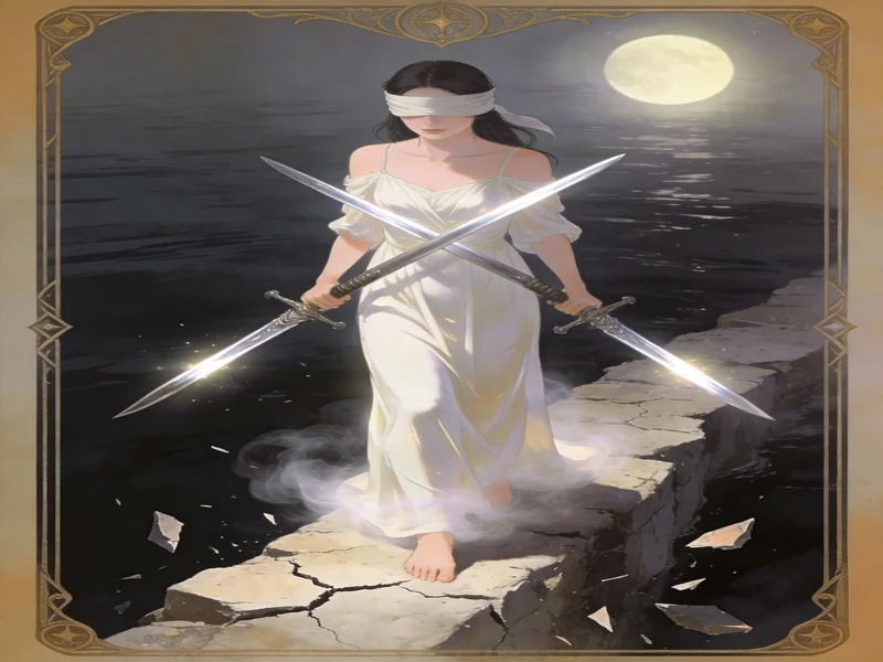 Blindfolded woman with crossed swords on a disintegrating cliff over dark water.