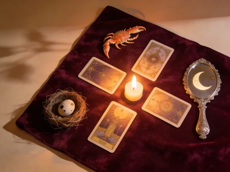 Tarot cards on a velvet cloth with a nest, crab claw, and moonlit mirror.