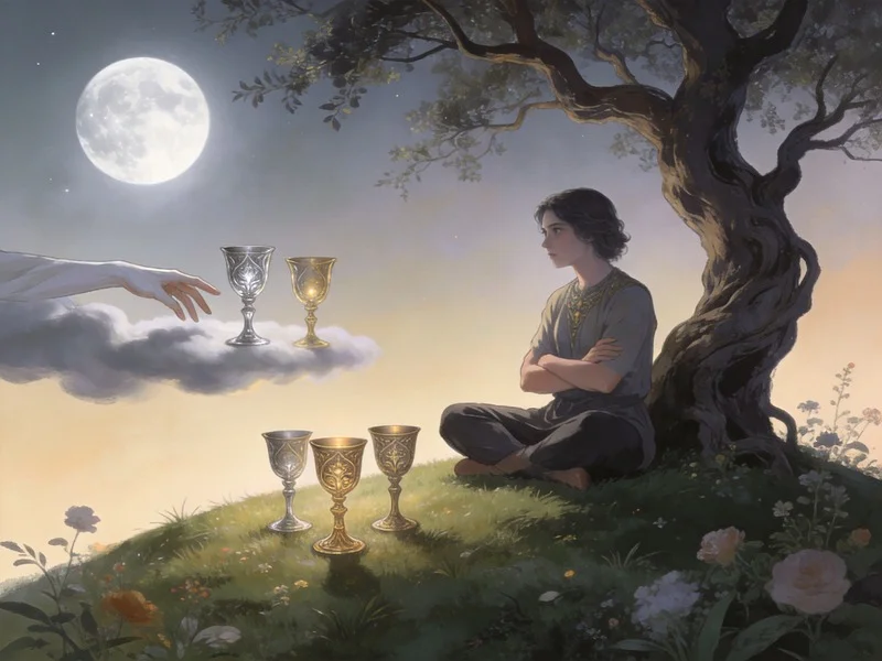 A figure ignoring a fourth chalice offered from a cloud under a moonlit tree.