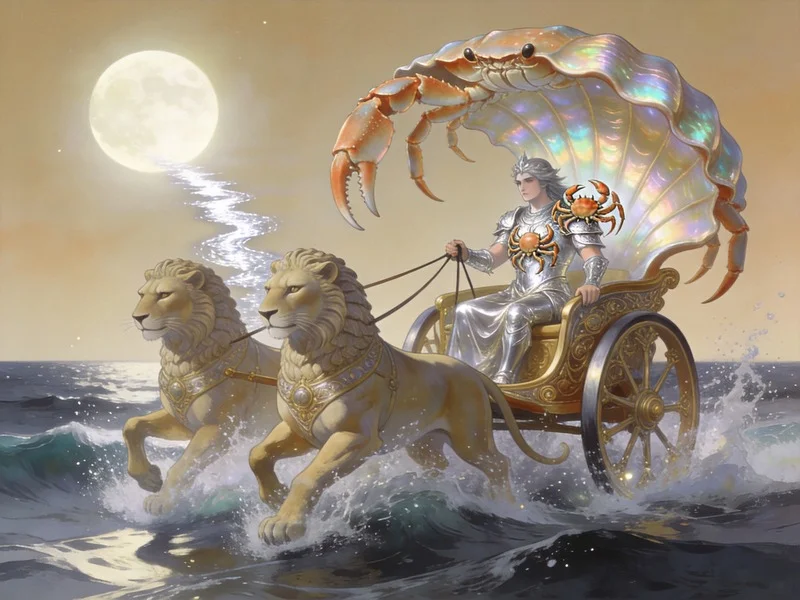 A chariot emerging from the sea with a giant crab shell and two sphinxes under the moon.