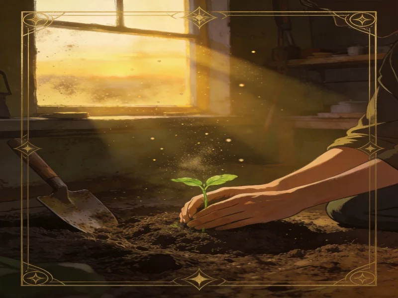 A person kneeling on an earthen floor, planting a seedling by soft morning light, in a rustic workshop.