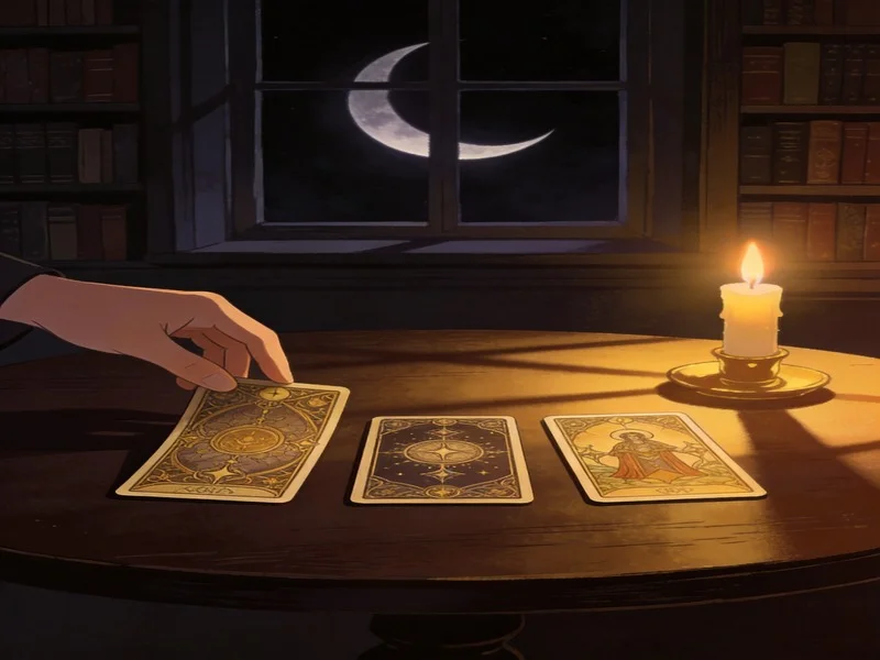 A hand over three face-down tarot cards on a table, lit by candlelight, with a crescent moon outside a window.