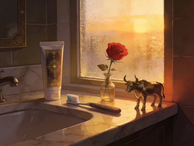 A bathroom sink with toothpaste, toothbrush, and a red rose in a vase, a small brass bull statue, soft morning light.