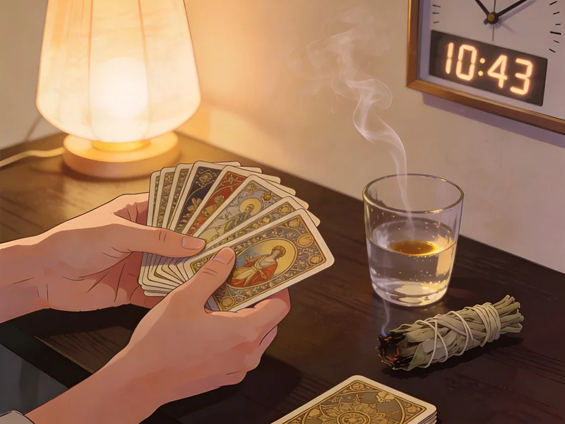 Hands shuffling tarot cards, sage smoke, a glass of water, and a clock showing 10:43.