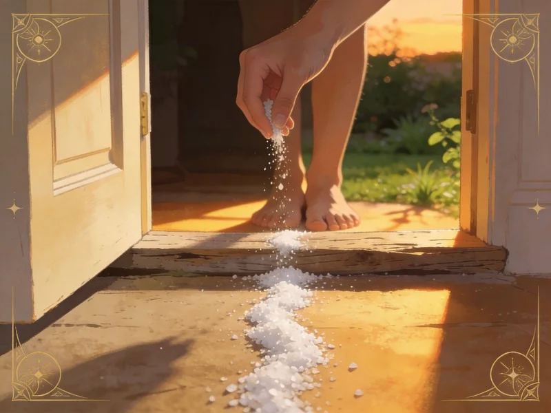 A hand sprinkling salt along a doorstep, with bare feet and a garden visible through the open door, at dusk.