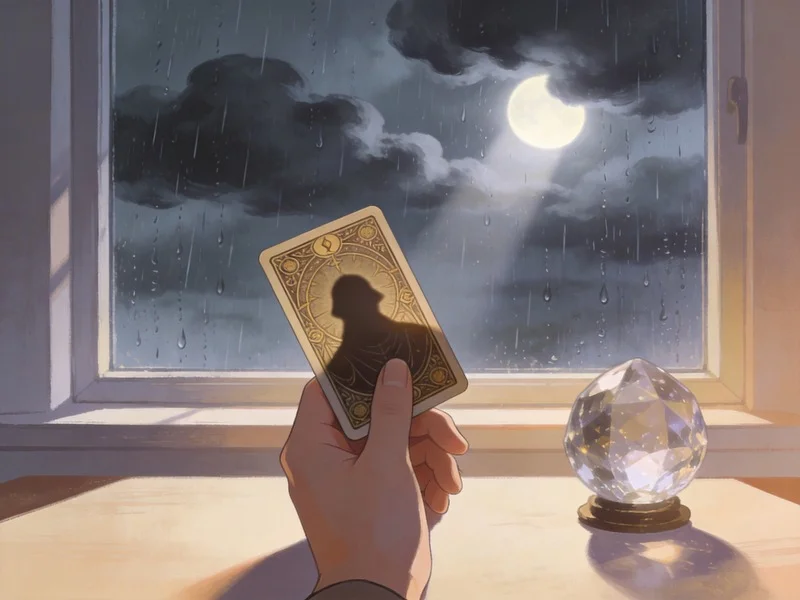 A hand holding a reversed tarot card, stormy window, crystal paperweight, atmospheric.