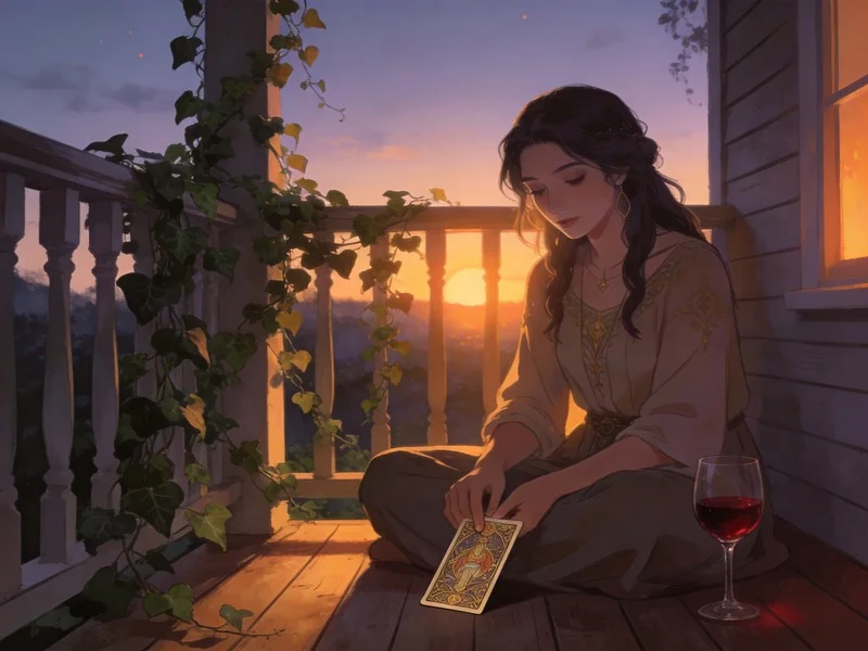 A person on a porch at sunset, holding a tarot card, with a glass of wine and ivy.