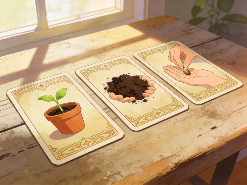 Three tarot cards on a wooden table, with a small plant pot, soil, and a hand placing a seed.