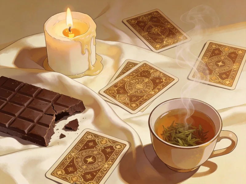 A bar of dark chocolate, tarot cards, a candle, and a cup of tea on a silk cloth.