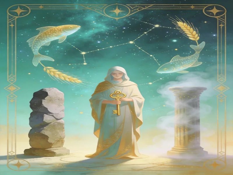 A robed figure with a key between stone and mist pillars, with fish and wheat constellations in the background.