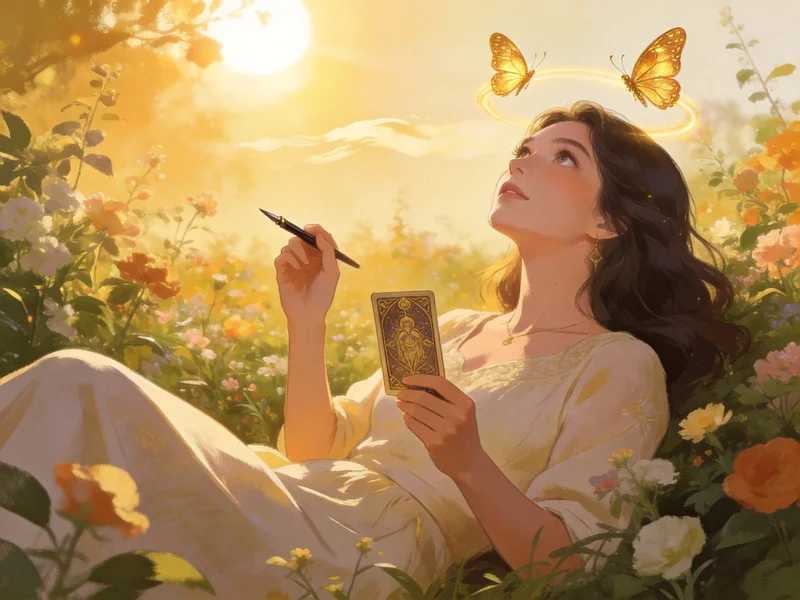 A woman in a garden, holding a pen and tarot card, with two butterflies near her head.