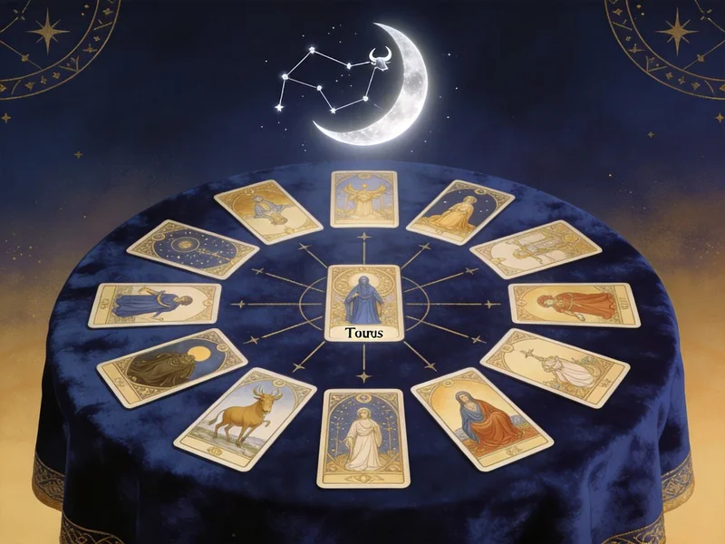 A circle of twelve tarot cards on a velvet cloth under a crescent moon in the Taurus constellation.