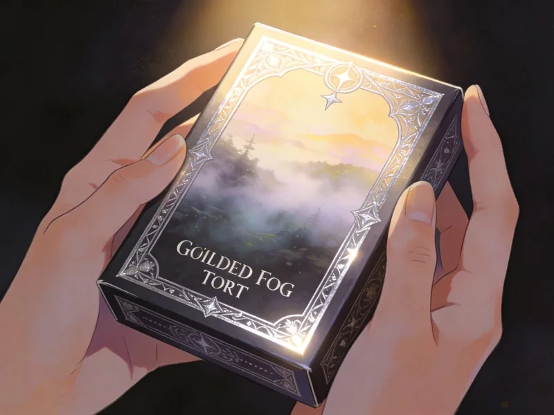 Hands cradling a silver-foiled tarot deck box with a misty landscape card, illuminated by soft light.