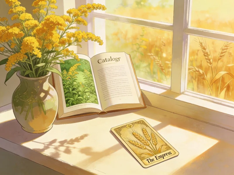 Windowsill with goldenrod flowers and an open catalog featuring a green tarot card, bathed in warm sunlight.