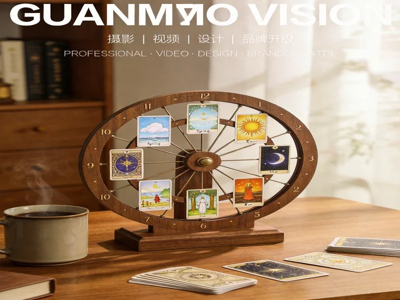Desk with a circular calendar displaying miniature tarot cards representing seasons, soft natural light.