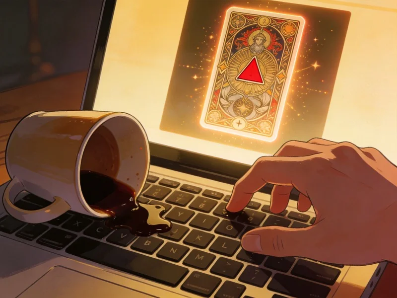 Laptop with coffee spilling on keyboard, screen showing a tarot deck with a low-stock warning symbol, hand reaching in urgency.