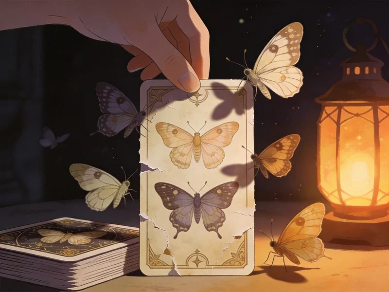 Hand holding a moth-themed oracle card, real moths flying around in soft lantern light.