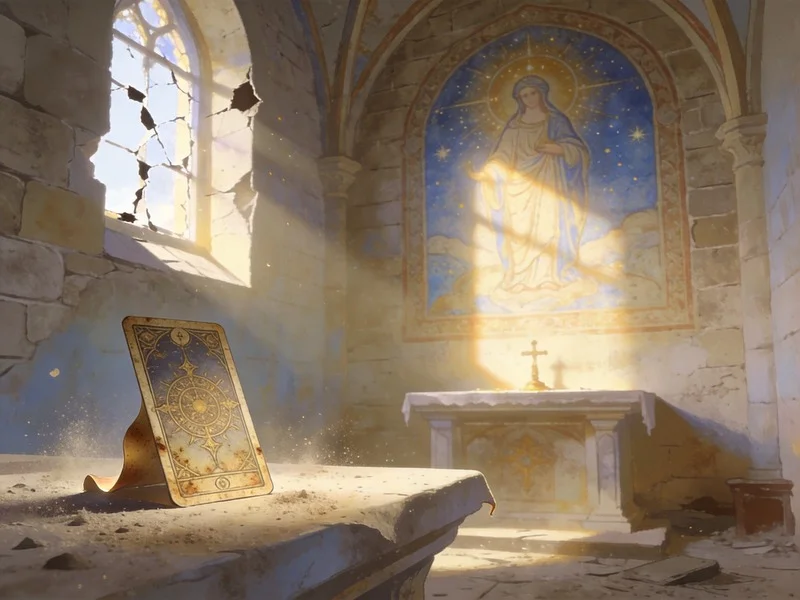 Ancient chapel interior with a faded fresco and a weathered tarot card on an altar, soft light from a broken window.