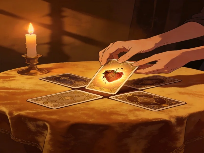 Hands turning over a tarot card in a five-card spread on velvet, candlelit.