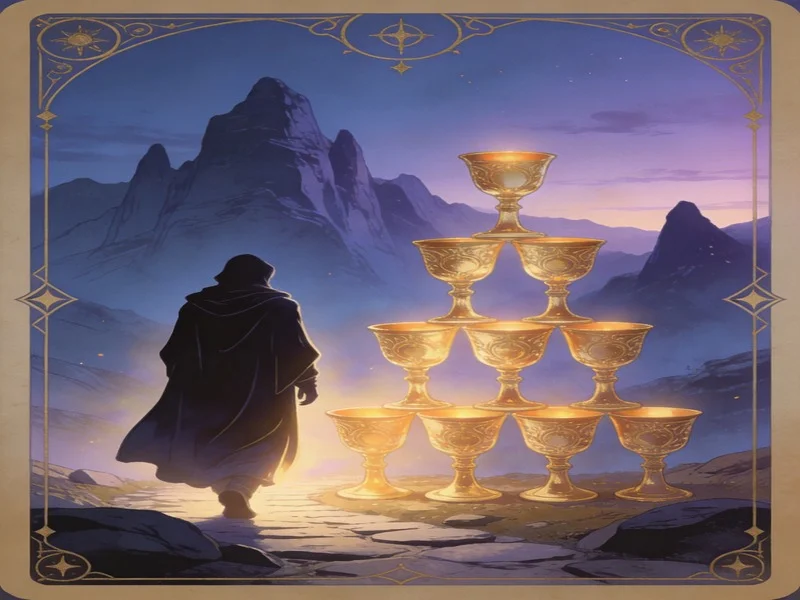 Solitary figure walking away from stacked cups toward mountains, Eight of Cups card scene.