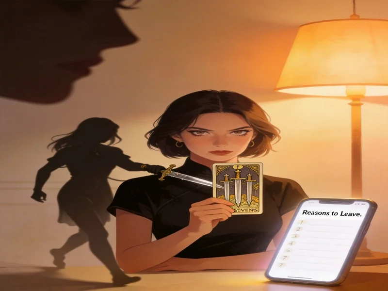 Woman holding Seven of Swords card as her shadow sneaks away, representing bias.