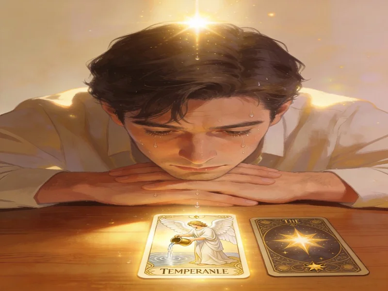 Crying man illuminated by Temperance and Star tarot cards, message of waiting.