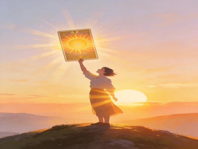 Person raising Sun tarot card to the sunrise, symbolizing a new beginning.